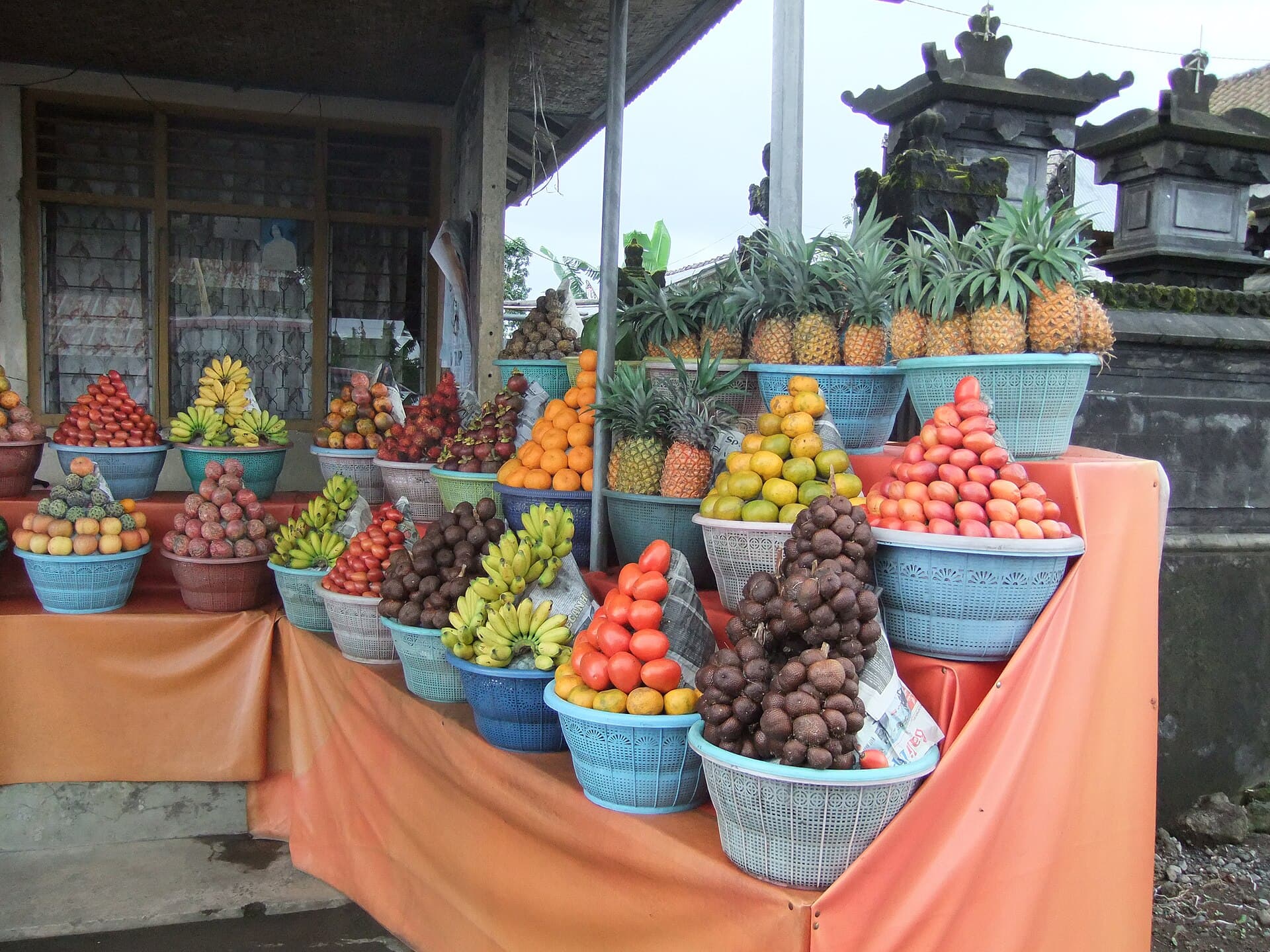 A colorful tropical fruit stall